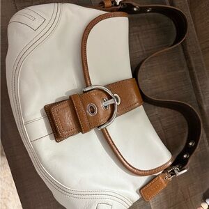 Coach White and Brown Shoulder Bag with Leather Trim